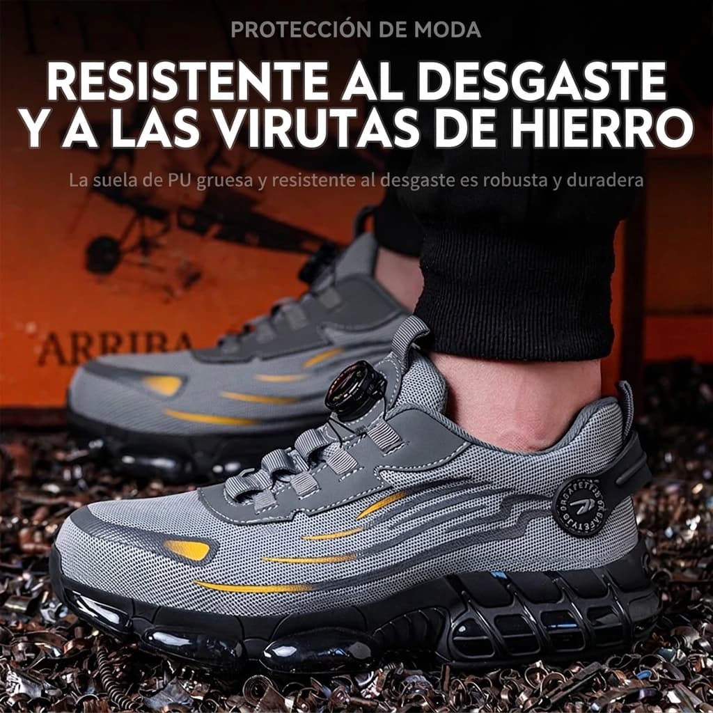 Trabajador con zapatillas Pisafirme en un taller con virutas